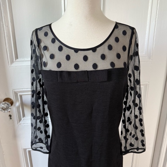 Boden Women’s Ponte Pencil Dress Polka Dot Sheer Mesh Sleeves Bow Black Size 4R - Picture 3 of 13